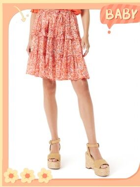 Sam Edelman Bree Flowy Tiered Mini Skirt Peach Pink Sz M Boho Tropical Fairycore